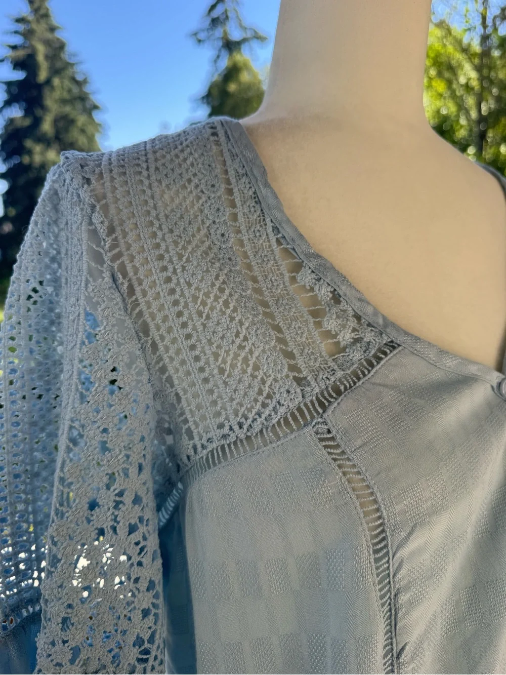 Blue Crochet Bell Sleeve Blouse